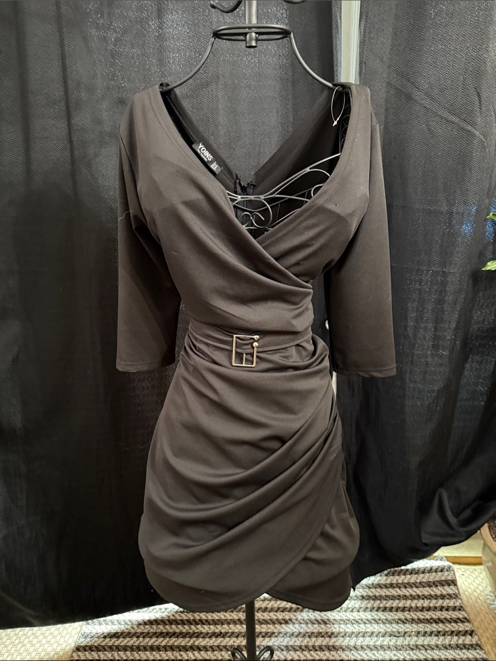 Black Wrap-Front Belted Dress